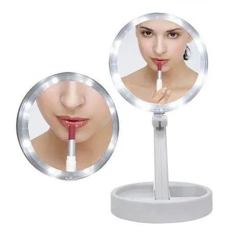 Espelho maquiagem dobrável aumenta até 10x com luz led portátil viagem camarim